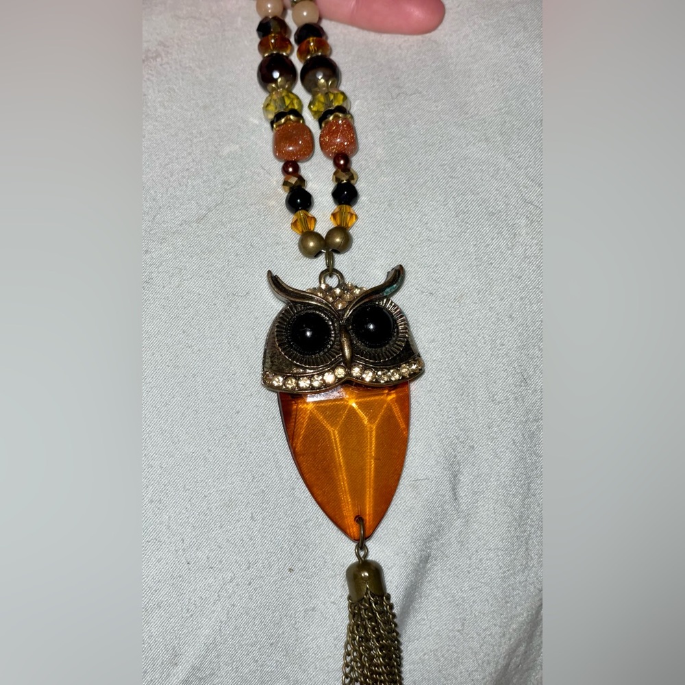 Amber stone Owl necklace 20” long necklace